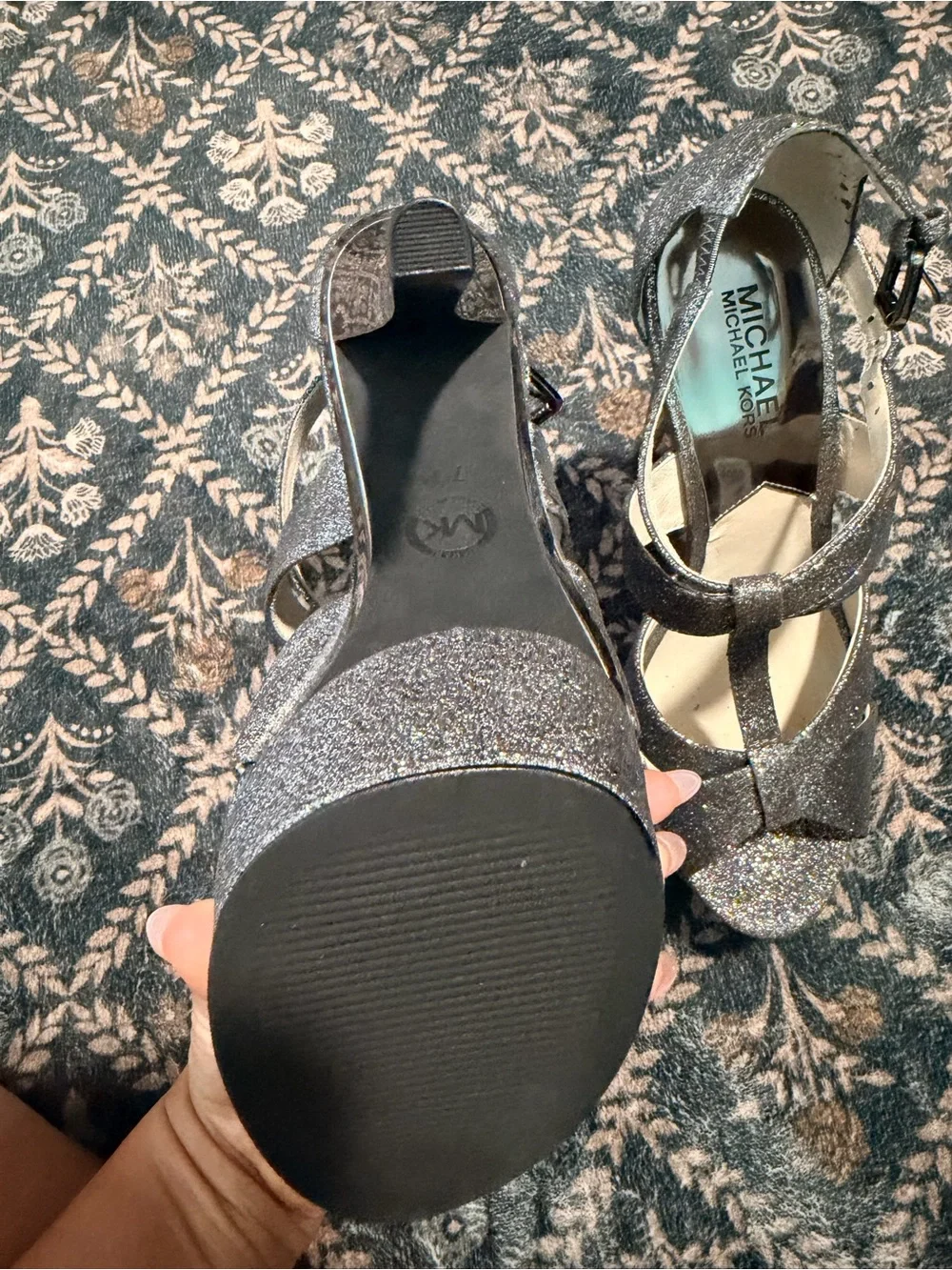 Michael Kors Silver Glitter Platform Strappy Heels